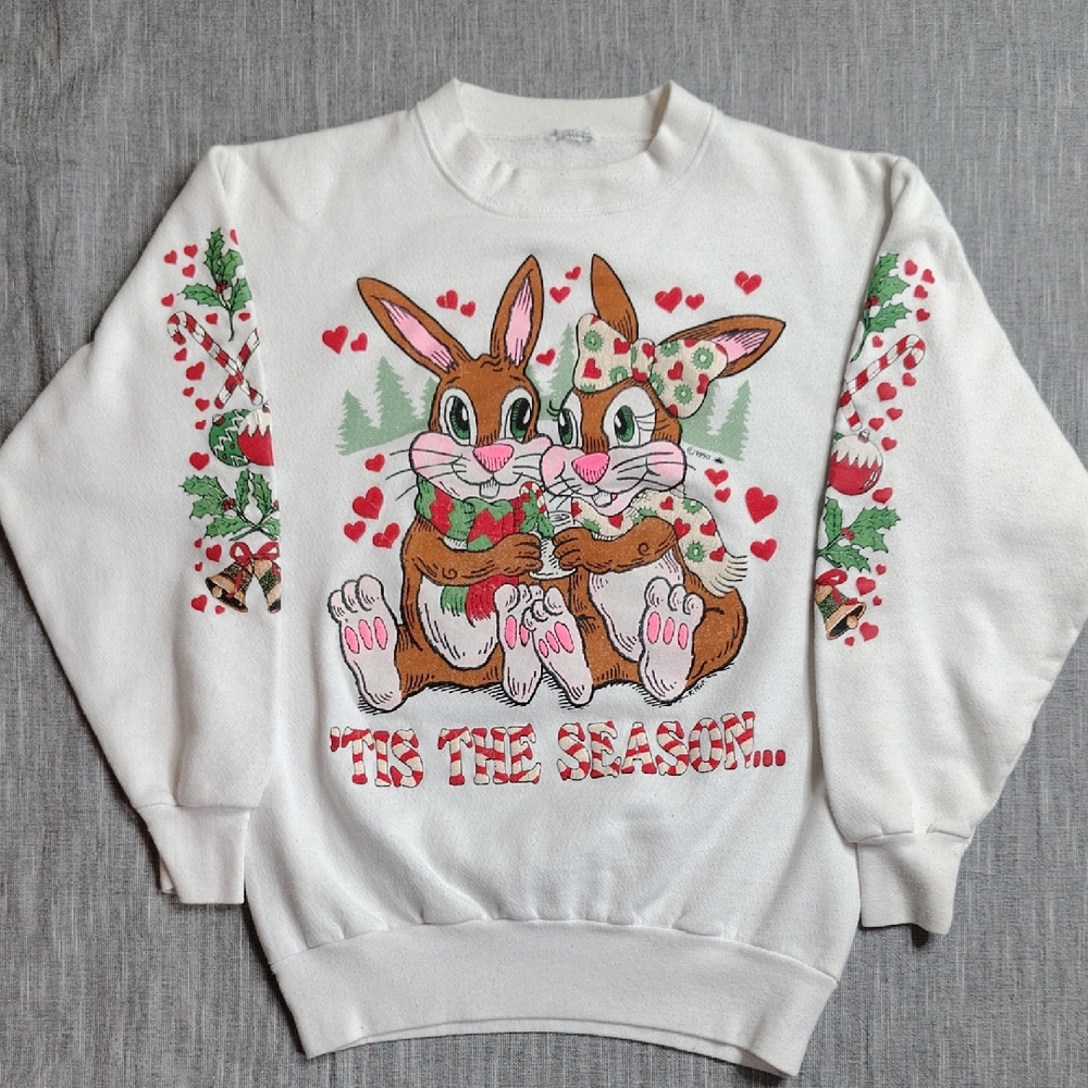 Vintage White Christmas Bunny Sweatshirt with Red & Green Accents